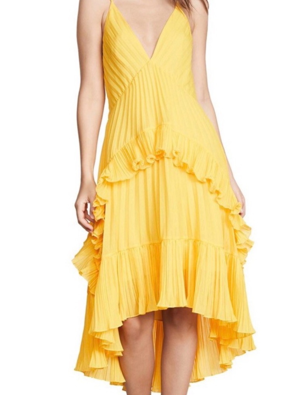 Halston Heritage Yellow Pleated Ruffle High-Low Dress